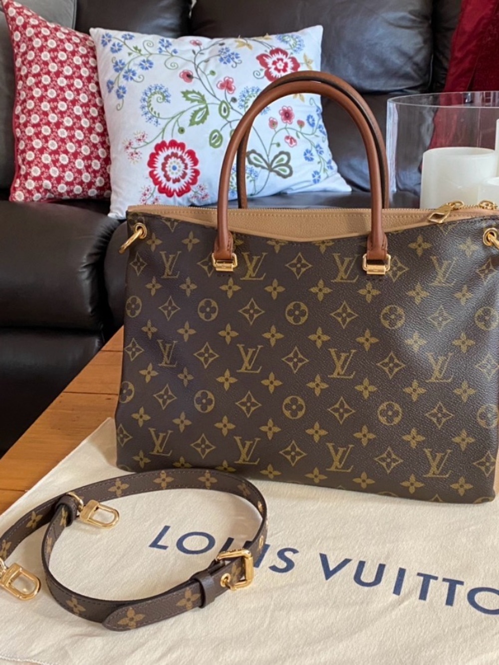 Louis Vuitton Pallas Satchel Tote Bag Purse in Monogram Canvas in Sesame Tan